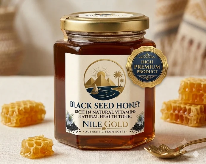 A jar of Nile Gold black seed honey with honeycomb and a gold spoon