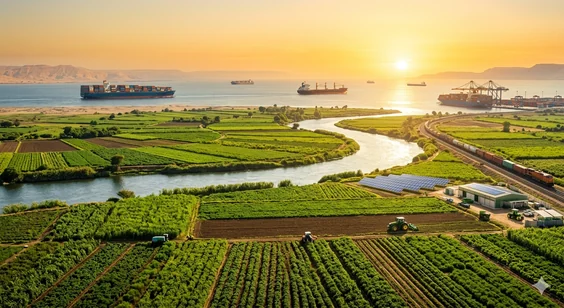 The Nile winding through green farmland at sunset, with cargo ships on the water