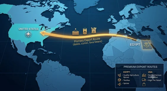 Map of the export route from Egypt across the Atlantic to the United States